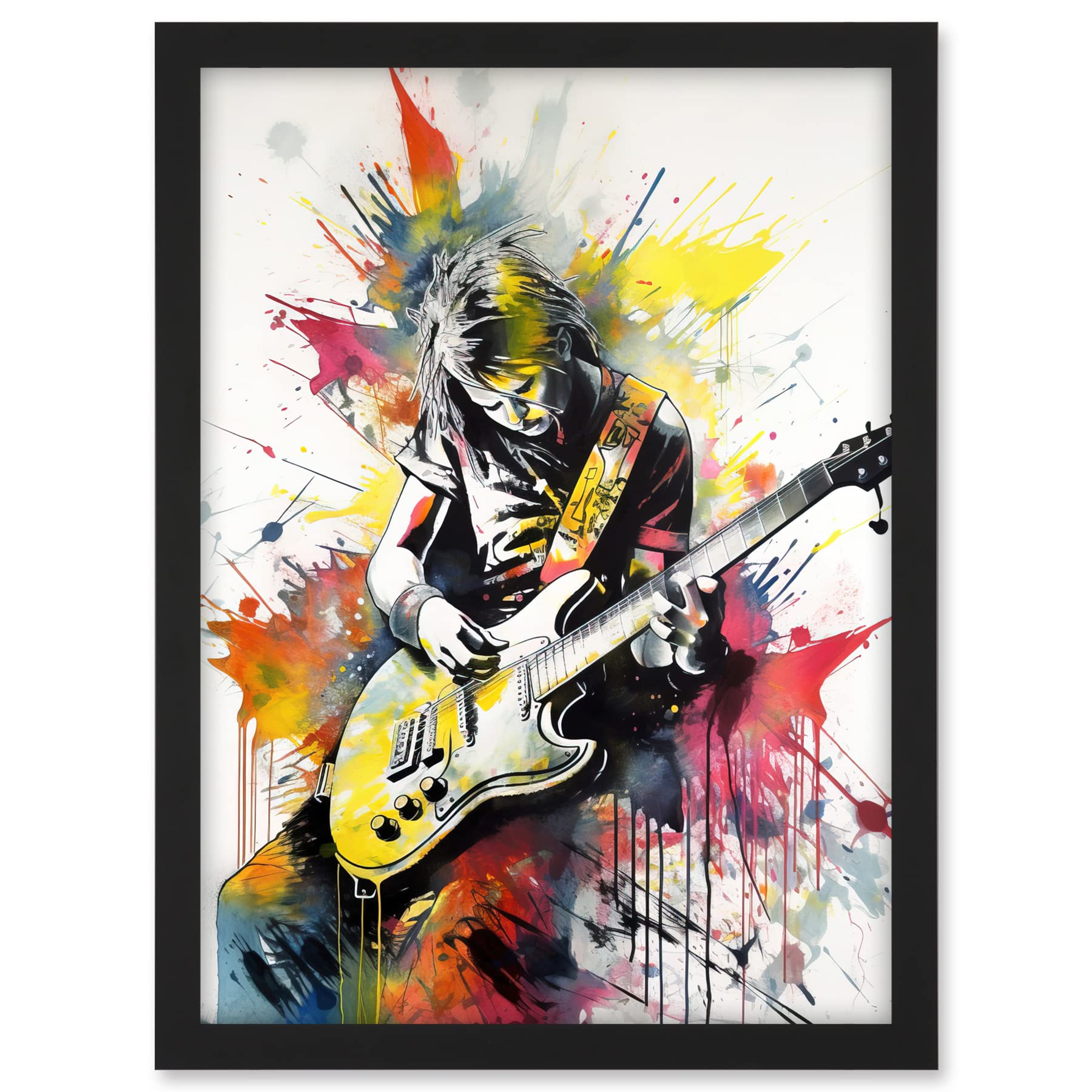Artery8 Guitarist Playing Electric Guitar Music Solo Vibrant Modern Splat Paint Watercolour Illustration Artwork Framed A3 Wall Art Print