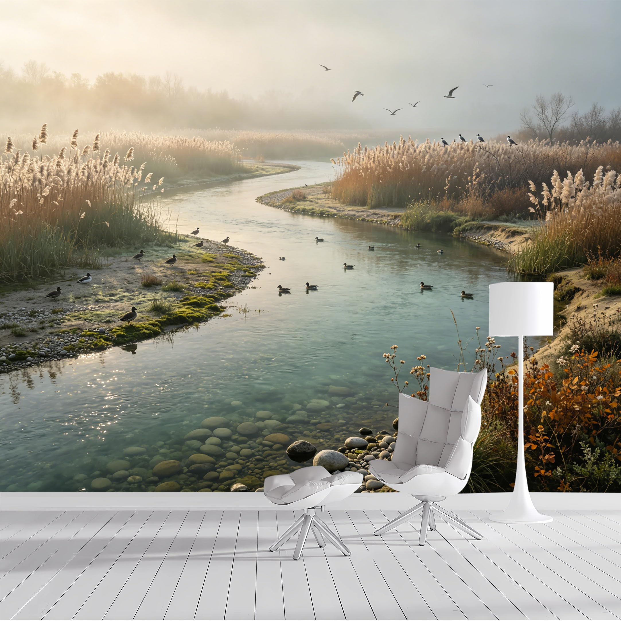 Custom Size Wall Mural Misty Morning River Calm Waterfowl Landscape Nature Scene SelfAdhesive Wall Fabric Removable Peel and Stick Wallpaper Wall Decor for Living Room Bedroom Bathroom