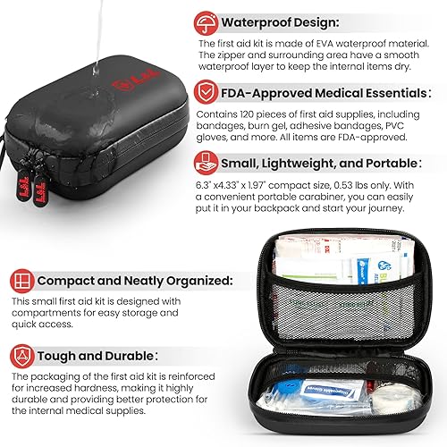 Miniatura 4 de Kit de primeros auxilios de 120 piezas para viajes, coche y supervivencia de emergencia, suministros médicos compactos e impermeables con vendajes