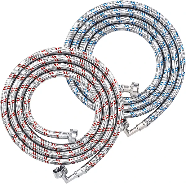 TICONN 8FT Washing Machine Hoses Set, 2 Pack EPDM Core Braided Stainless Steel Burst-Proof Washer Hoses with 90 Degree Elbow, 3/4" FHT Standard Thread (8ft)