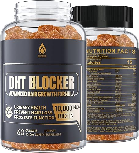 DHT Blocker Gummies Suplemento para el crecimiento del cabello, súper potencia Saw Palmetto y biotina 10000 mcg para mujeres y hombres, además de 12