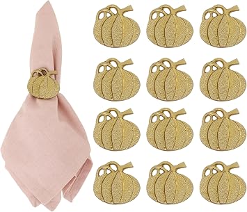 Pumpkin Napkin Rings Set of 12 - Antique Gold Metal Napkin Holders for Thanksgiving, Fall Dining Table Decor, Wedding & Holiday Table Settings