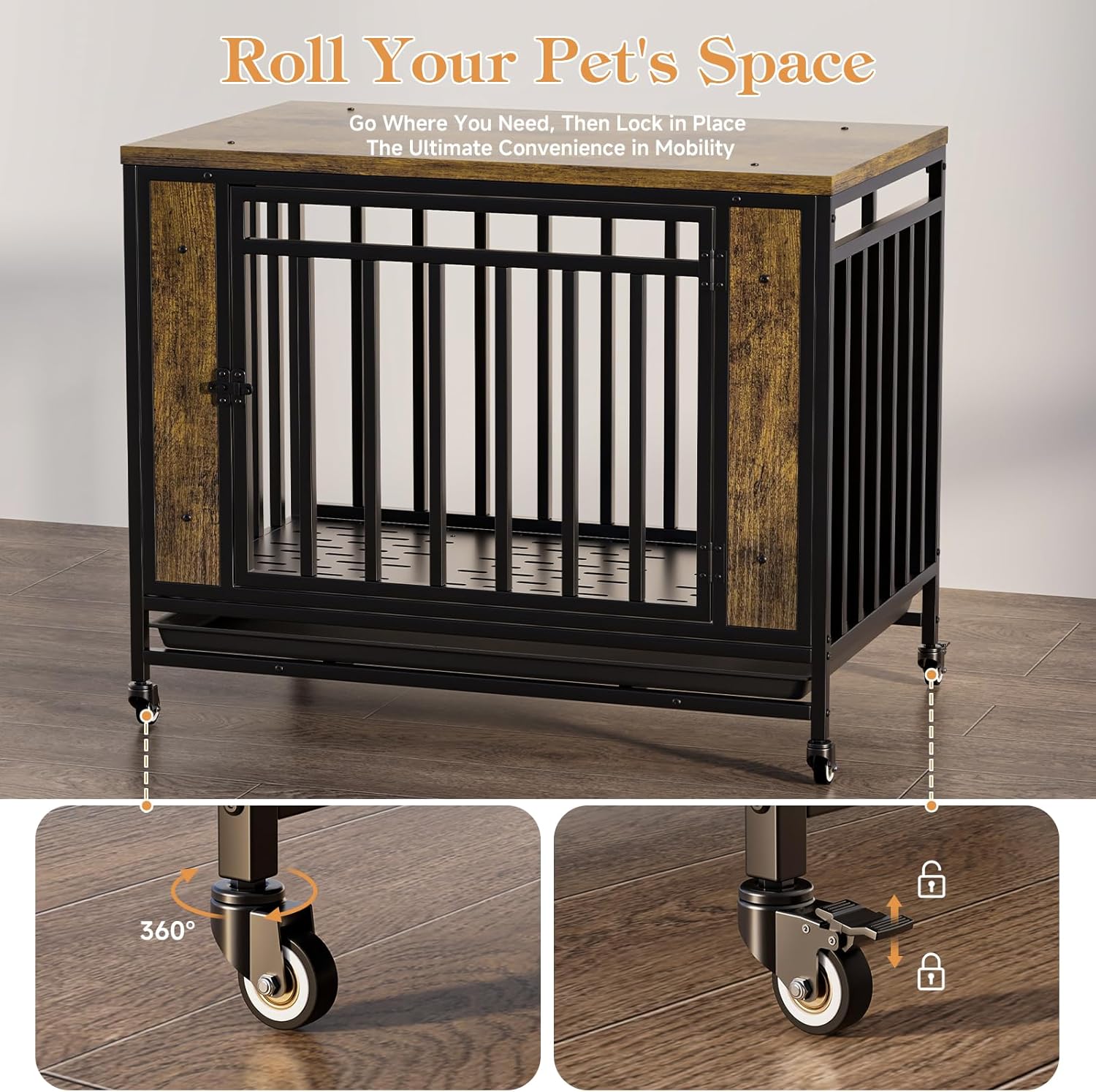 Medium Dog Crate Furniture with Removable Tray & Iron Door, 39" Heavy Duty Indoor Dog House Furniture Side Table with Lockable Wheels, Wooden Pet Kennel Crate for Medium Small Dogs (Black)