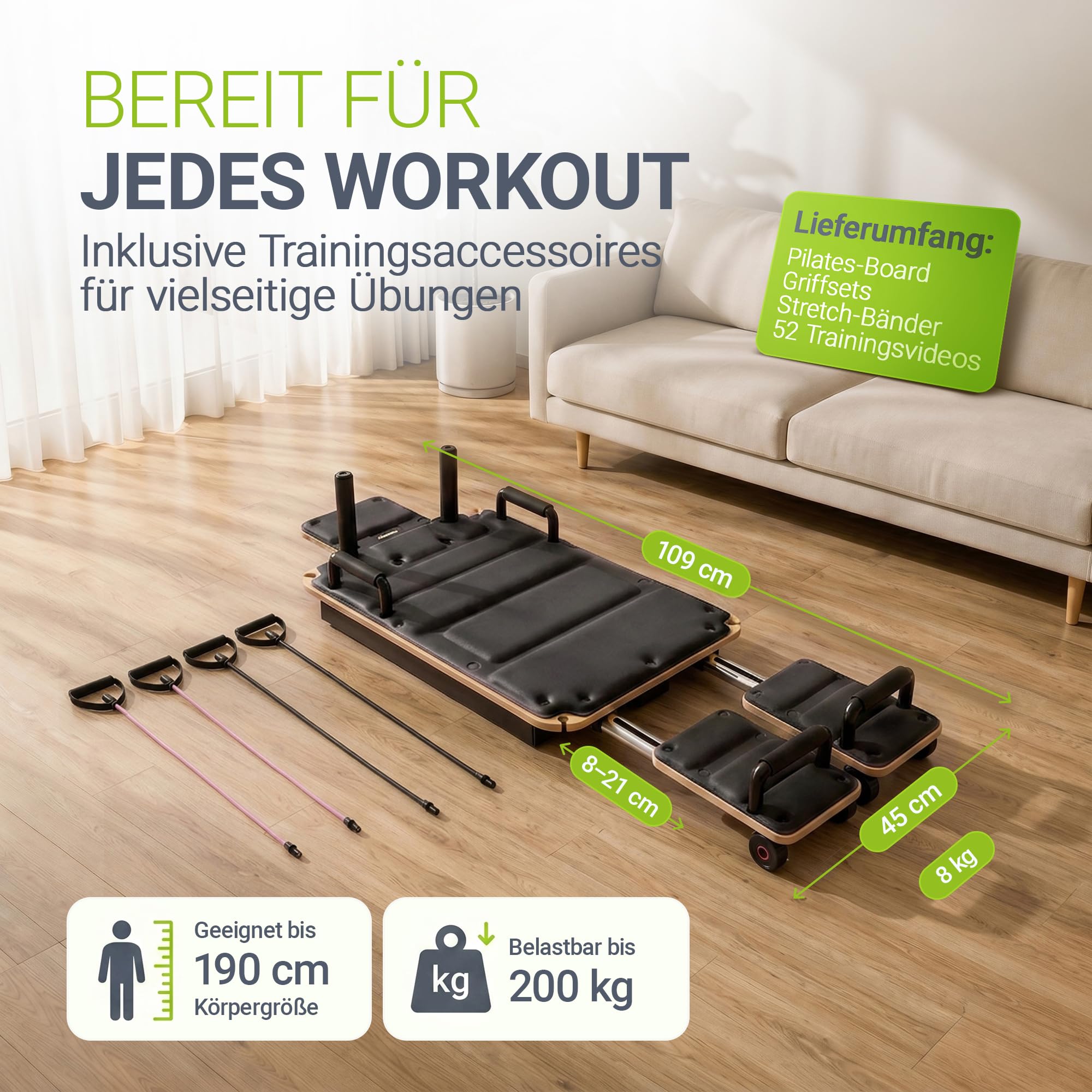 ArtSport Movea Pilates Reformer Board für Zuhause – faltbares Mini-Reformer Pilatesgerät aus Birkenholz & Aluminium, inkl. 6 Trainingsbänder & 4 Griffe, belastbar bis 200 kg