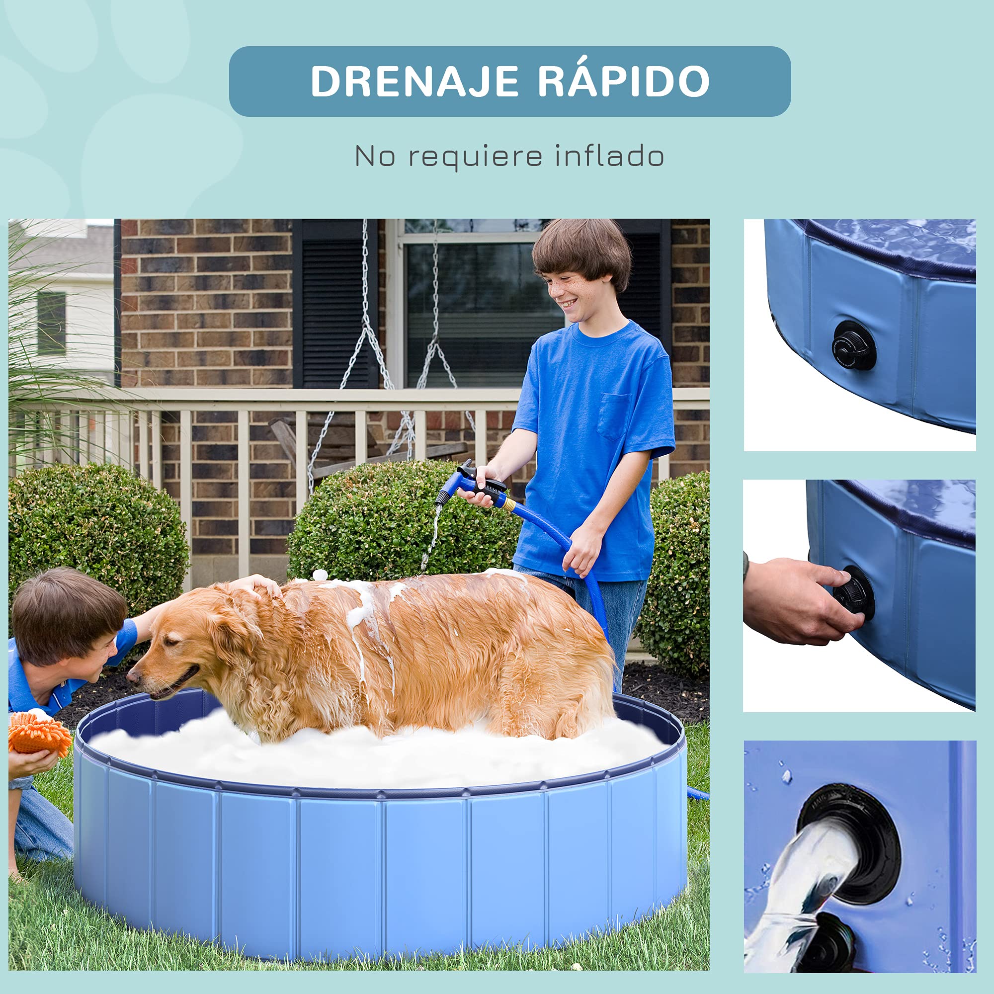 Pawhut Piscina Plegable para Perros Gatos Bañera Portátil para Mascotas PVC Antideslizante Múltiples Usos para Interiores y Exteriores Ø120x30 cm Azul