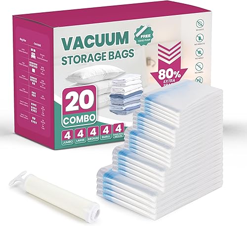 Bolsas espaciales de almacenamiento al vacío (paquete variado, 20 unidades), ahorra un 80% de espacio, bolsas de vacío para edredones y mantas, ropa