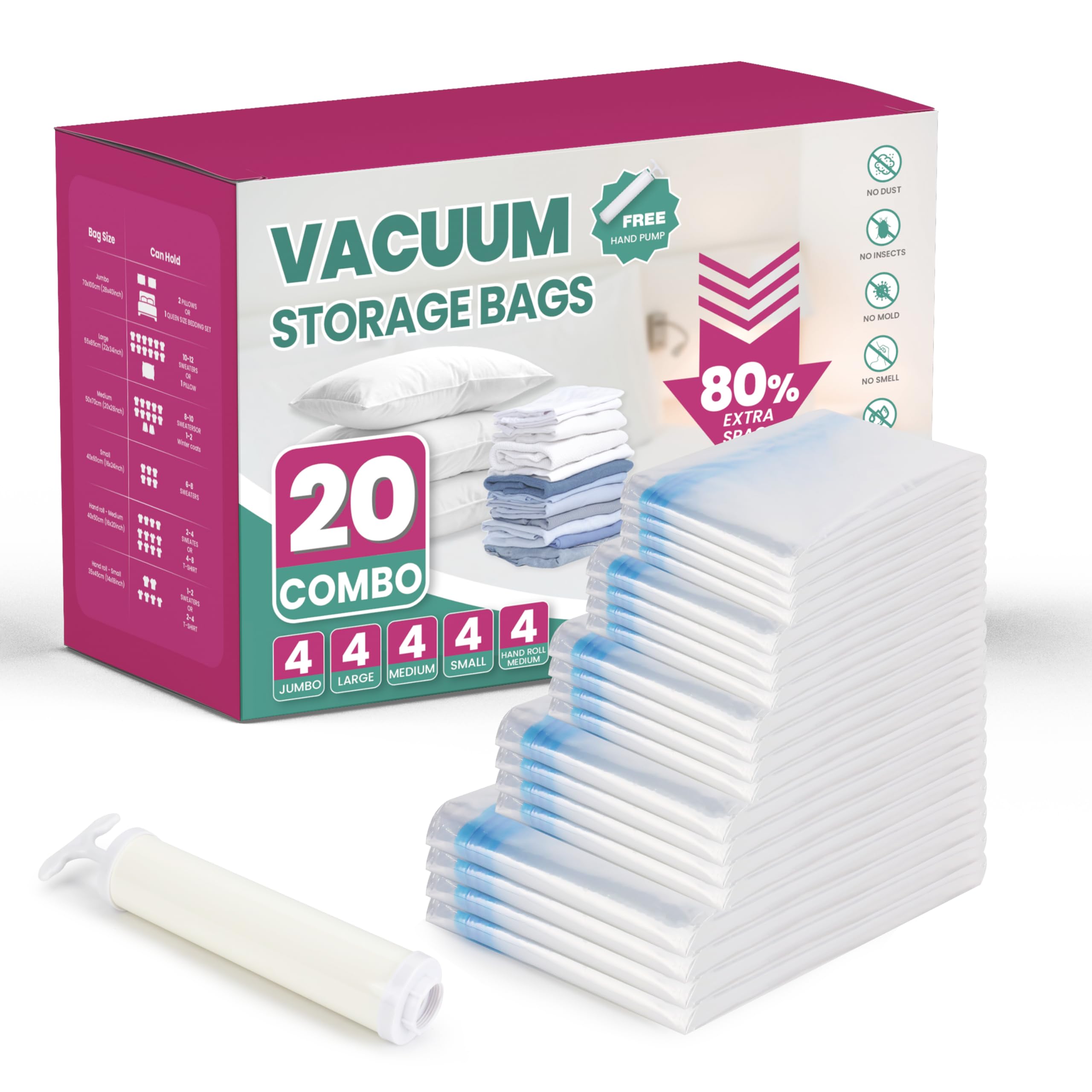【在庫セール】20 Pack Vacuum Storage Bags, Spac Home-Complete 20-Piece-Set of Vacuum Sealer Bags with Pump