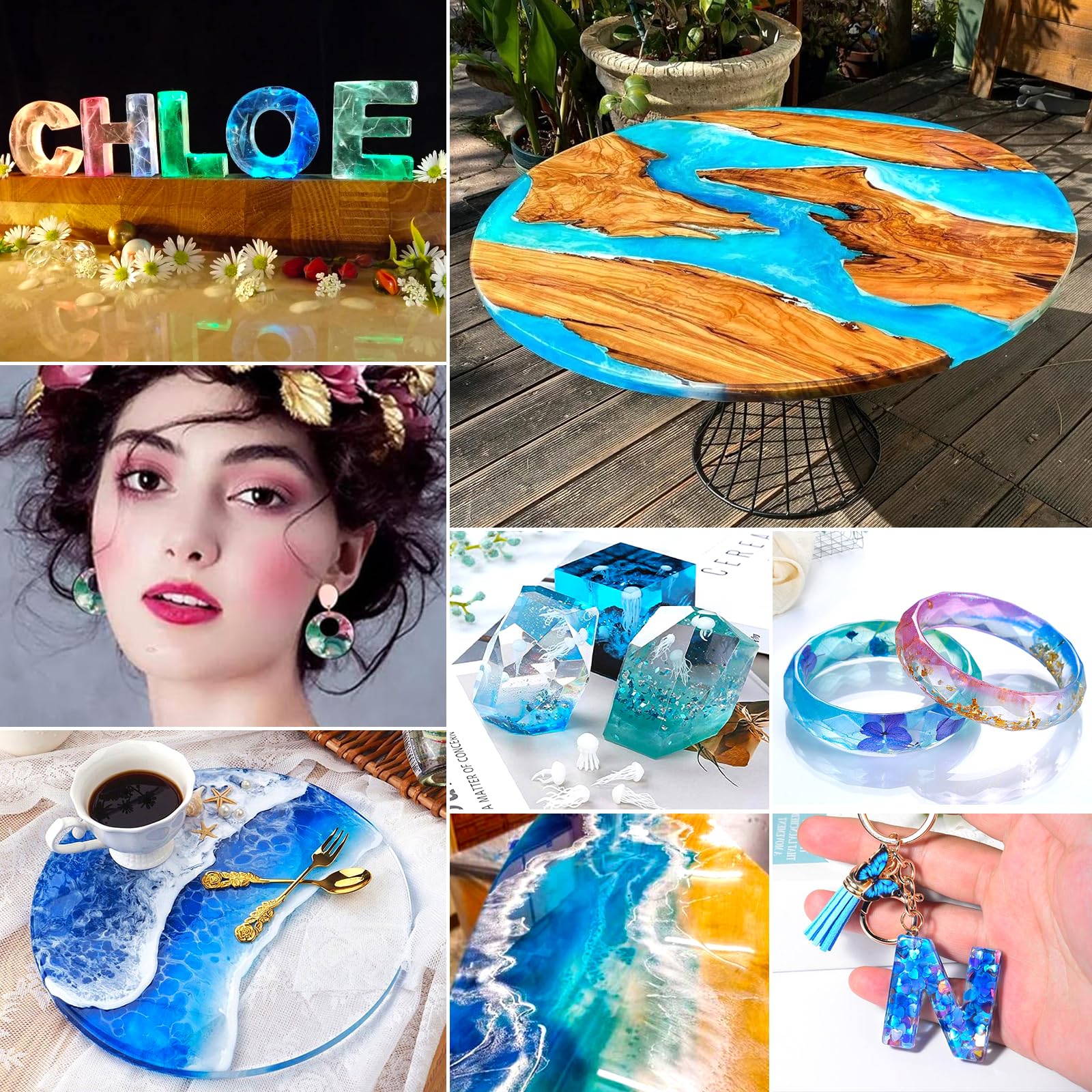 POWZOO Resina Epossidica con Di indurente 1016 ml, Epossidica Trasparente Kit Rapporto 1:1 Starter Kit,con Pigmenti,Glitter,Guanti,Misurini, ecc.