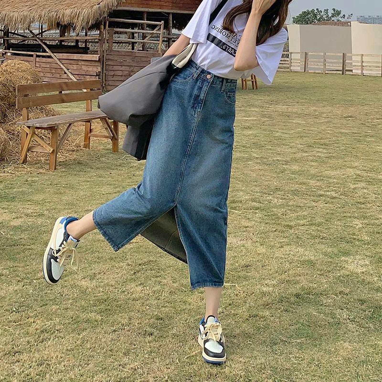 Gonna Lunga Donna Gonna Lunga da Donna Gonna Blu con Spacco Laterale A Vita Alta Gonna Aderente in Denim Gonna Midi in Denim da Donna con Spacco
