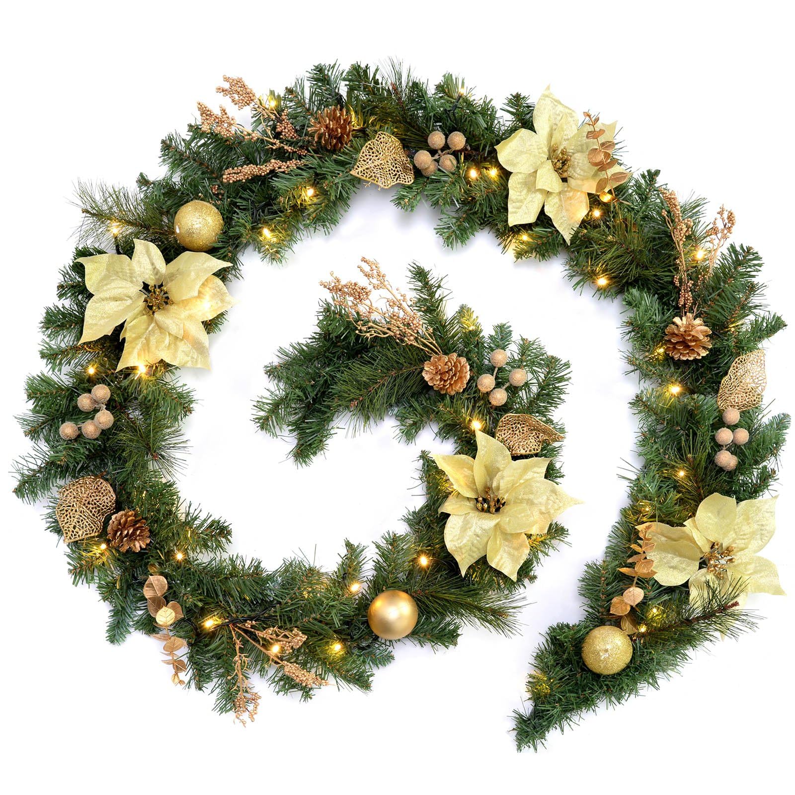 WeRChristmas Decorated Pre-Lit Multi-Function Garland with 40 Warm White LED Lights, Cream/Gold, 9 feet