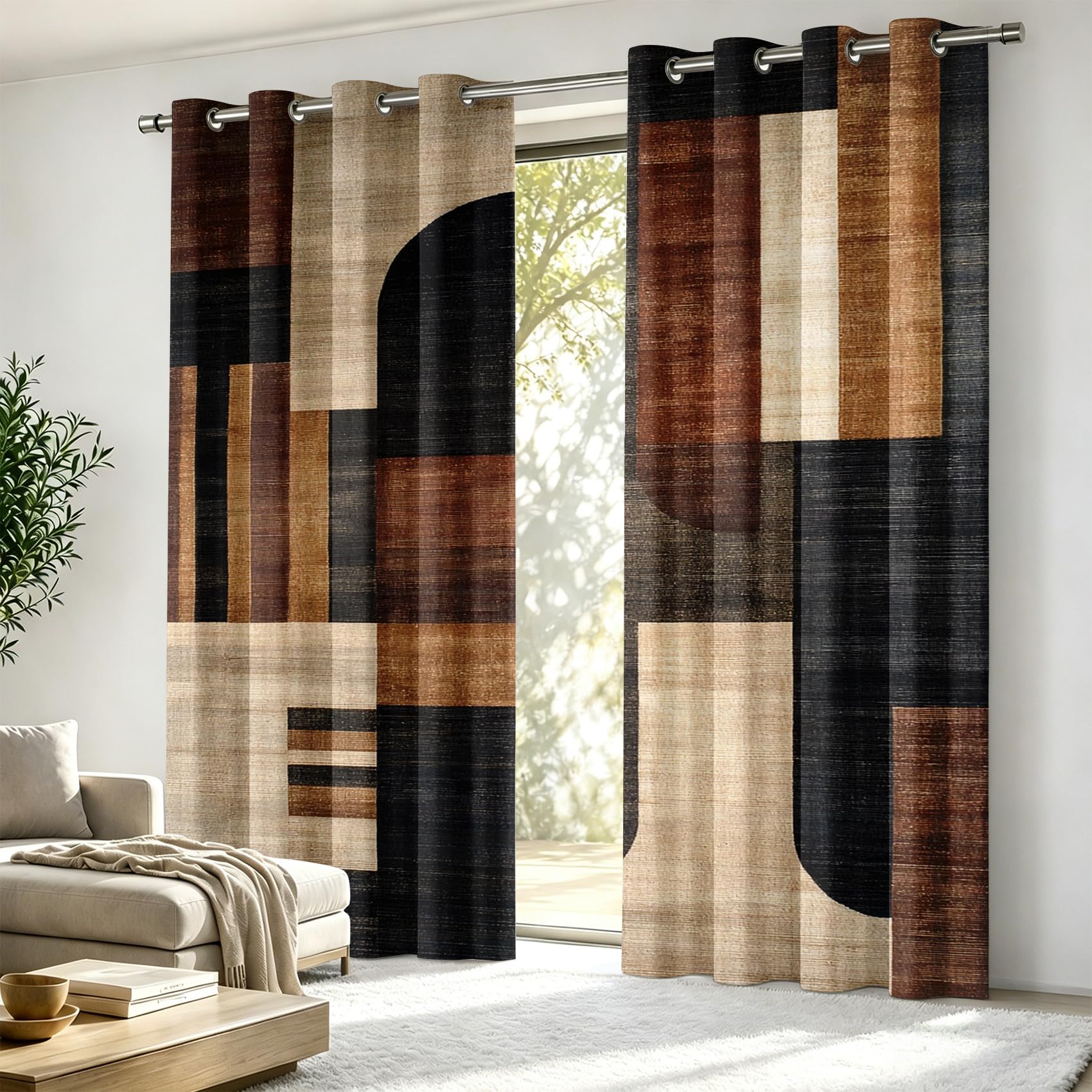 Rideau Occultant Marron - Décoration Marron, Rideau Thermique Motif Mid Century Modern Géométrique, Lot de 2 Rideaux Opaque à Oeillets pour Fenetre Chambre Salon, 140x260 cm (LxH)