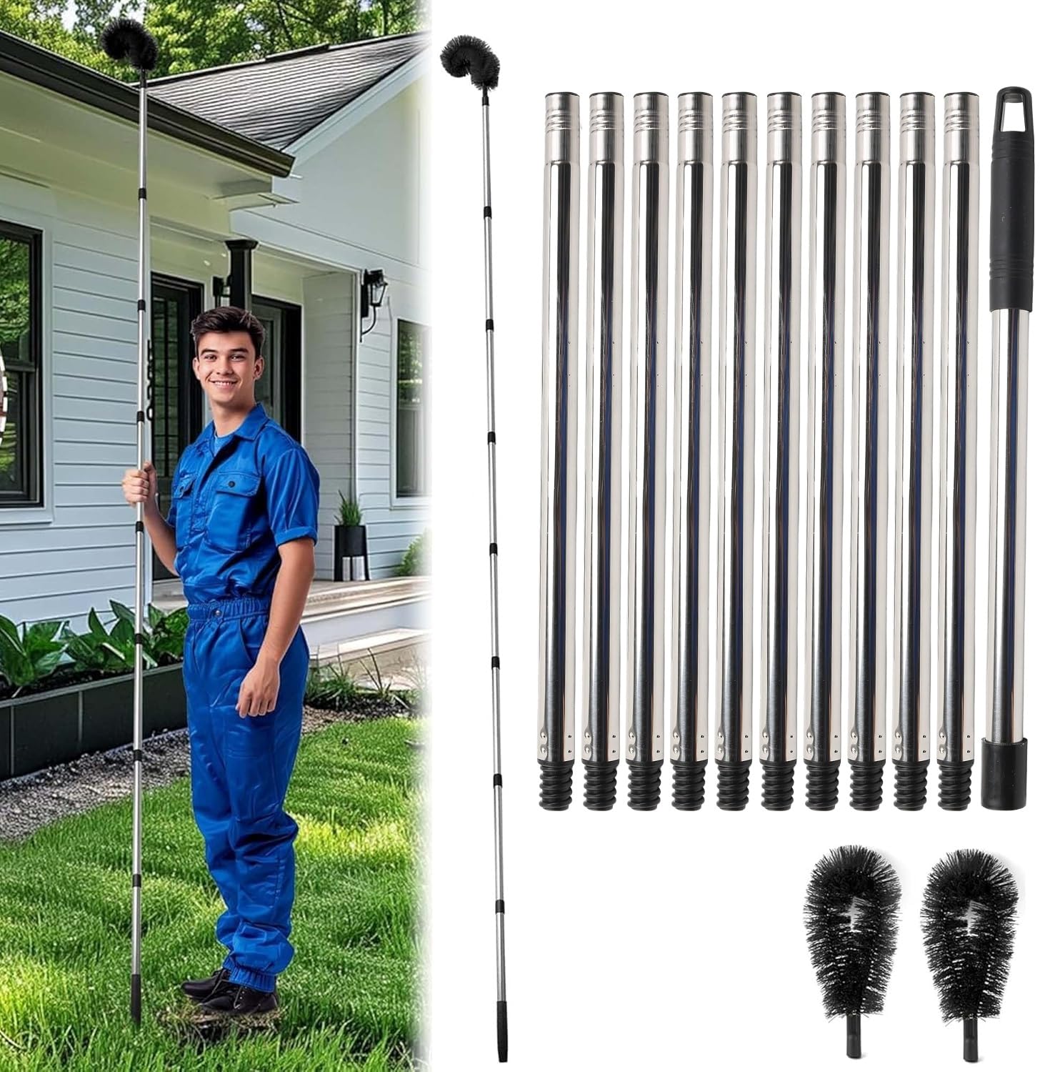 Sonhomay Gutter Cleaner Brush 14 feet Telescopic Long Gutter Cleaning Brush Roofing Tool Bendable Cleaner Ability to Easily Clear roof Leaves