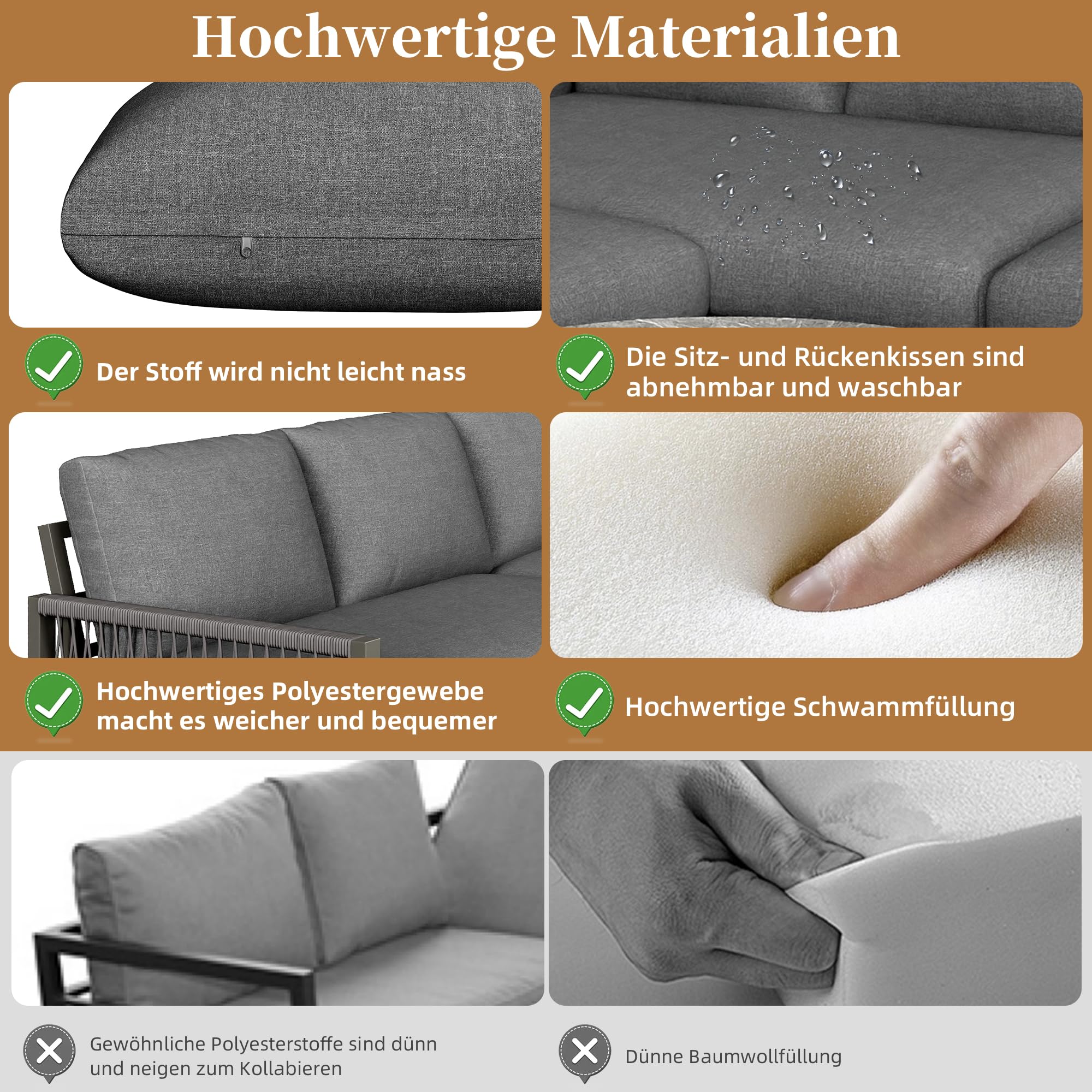 Merax Gartenmöbel Set 6-7 Personen, Sitzgruppe Gartenlounge Set mit Kissen und Sofatisch, Outdoor Ecksofa-Set aus verzinktem Eisen, handgeflochten Seil, wetterfest für Garten Balkon Terrasse, Grau