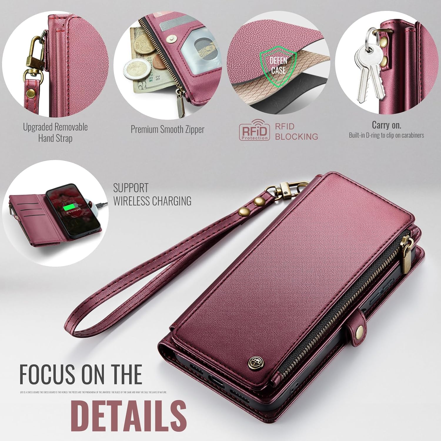 Defencase Compatible with Moto G 5G 2024 Case, RFID Blocking Wallet Case for Motorola Moto G 5G 2024 Fashion PU Leather Flip Strap Zipper Card Holder Phone Case for Women, Wine Red