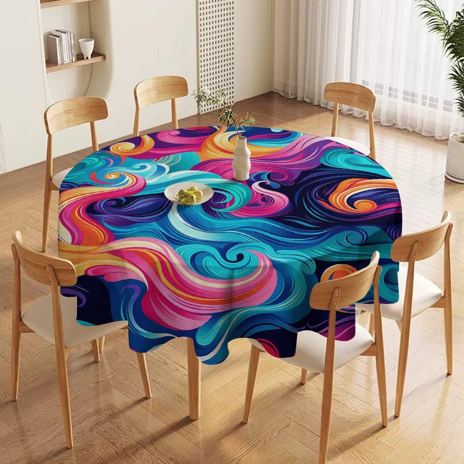 Nappe ronde étanche à motif vagues protégeant votre table de cuisine des taches tenaces