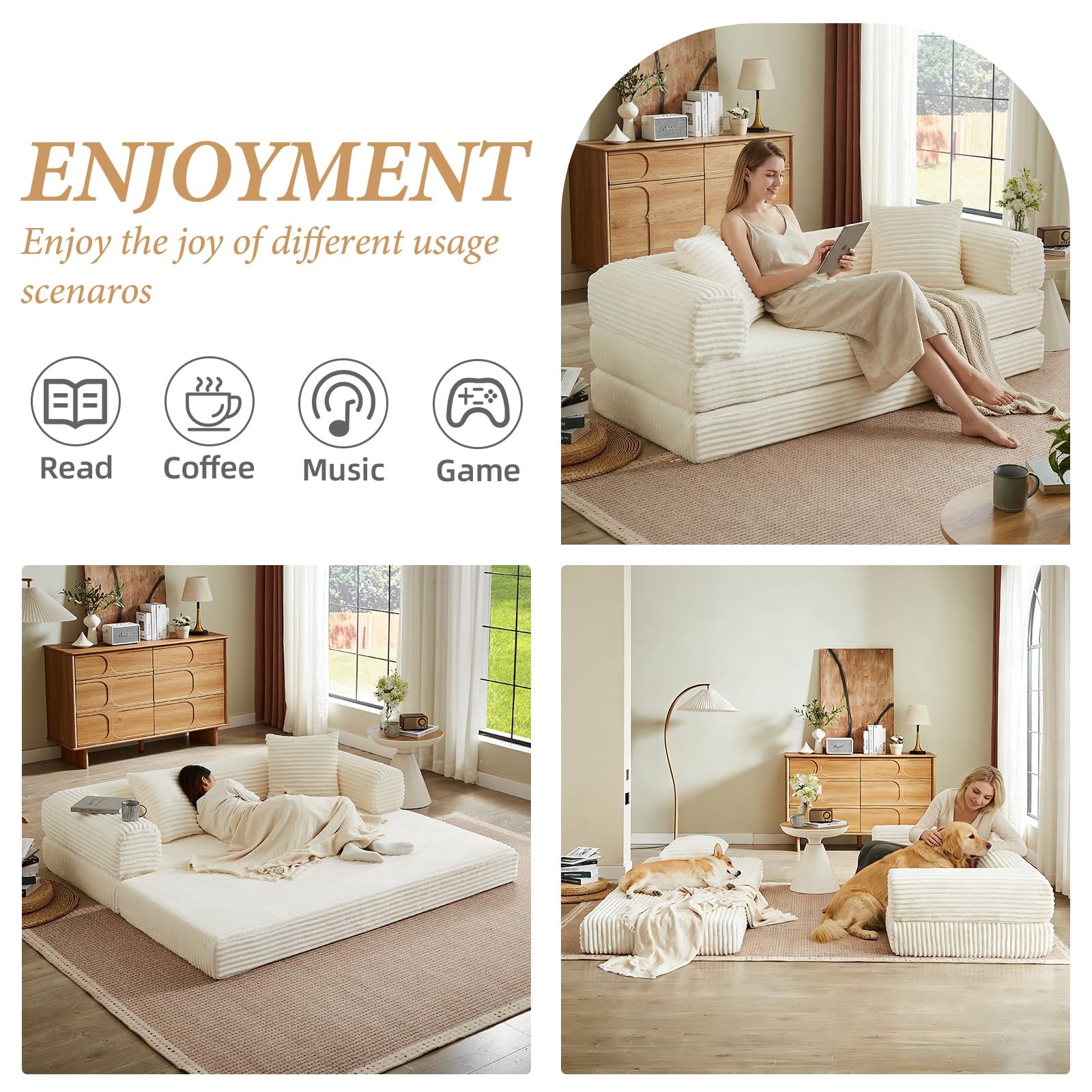 78 Inch Convertible Futon Sofa Bed,Folding Boneless Couch with Sleeper Sofa,Fold Out Floor Sofa Couch with Deep Seat,Cloud Corduroy Foldable Mattress Couches for Living Room(Off White)
