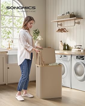 SONGMICS Laundry Basket with Lid, 2-Section Large Laundry Hamper, 130 L, Removable Mesh Liner, Oxford Fabric, Bamboo Handles, Collapsible, 52 x 38.5 x 70.5 cm, Camel Brown LCB513LJ01