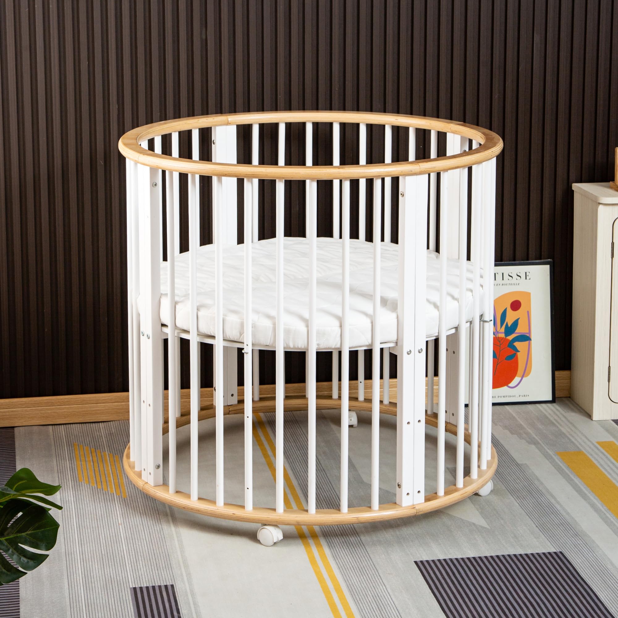Babybox – Runde Spielkiste aus Holz – Laufstall – Inkl. Matratze – 91x91x85 cm – Natur