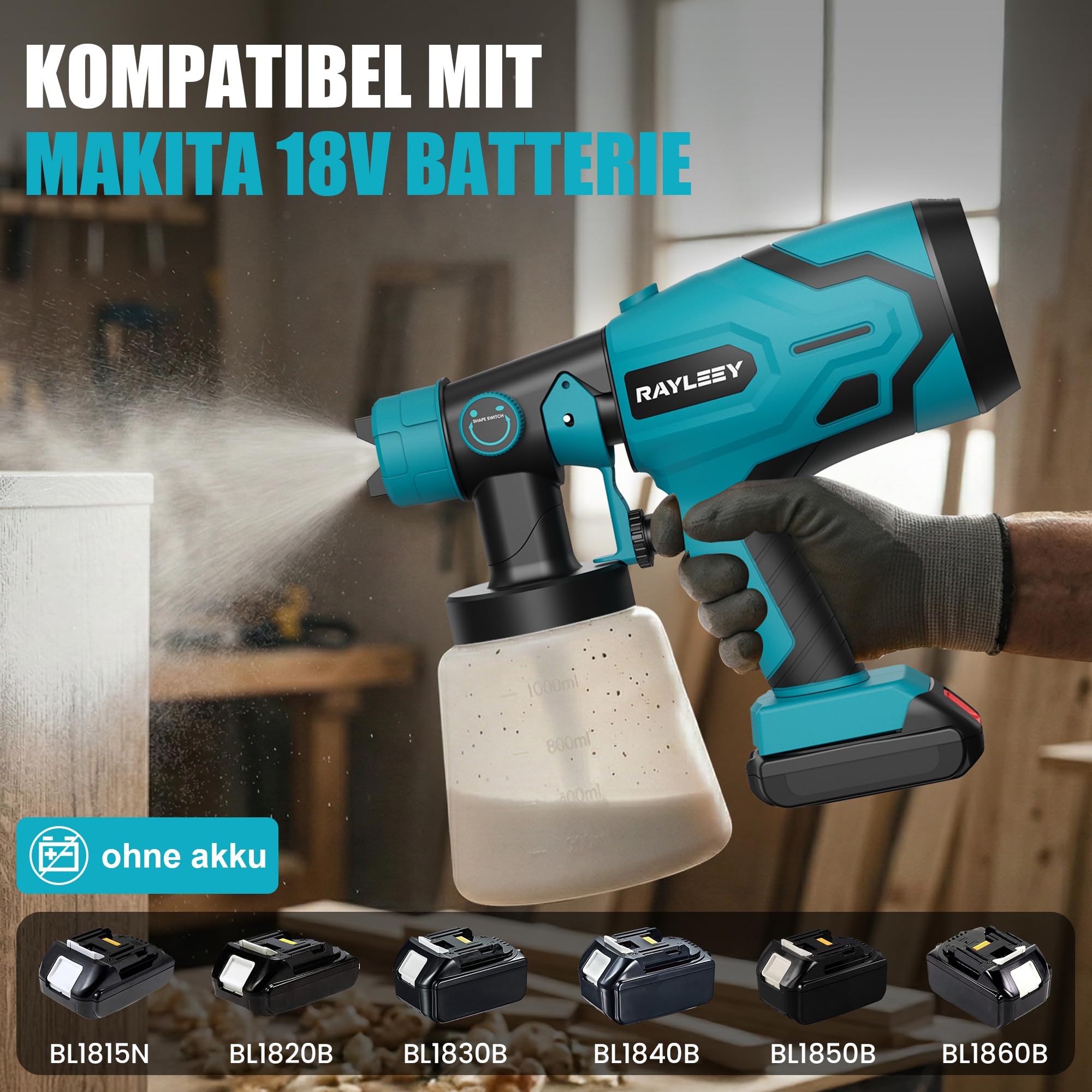 Akku-Farbpistole kompatibel mit Makita Akku 18V, Farbsprühsystem 1000 ml/min, 800-ml-Behälter mit 4 Düsen (1/1,5/2,0/2,5 mm), Akku-sprühpistole für Wände, Möbel, Farbe