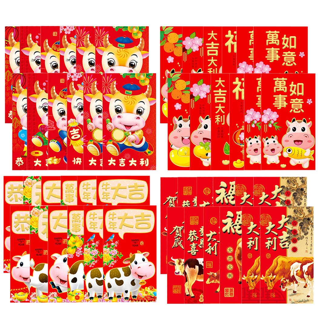 Outgeek 2021 Chinese New Year Red Packet Traditional Festive Cartoon Red Envelope Cow Paper Chinese Hong Bao for Value Pack for Holiday Home Kids