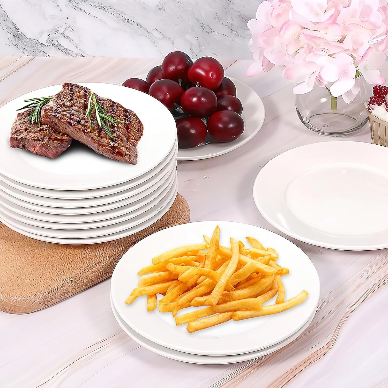 Malloom Lot de 36 assiettes à dessert en mélamine - Assiettes à salade blanches de 15 cm - Petites assiettes plates rondes pour apéritifs, collations, accompagnements de fête, plateaux de service