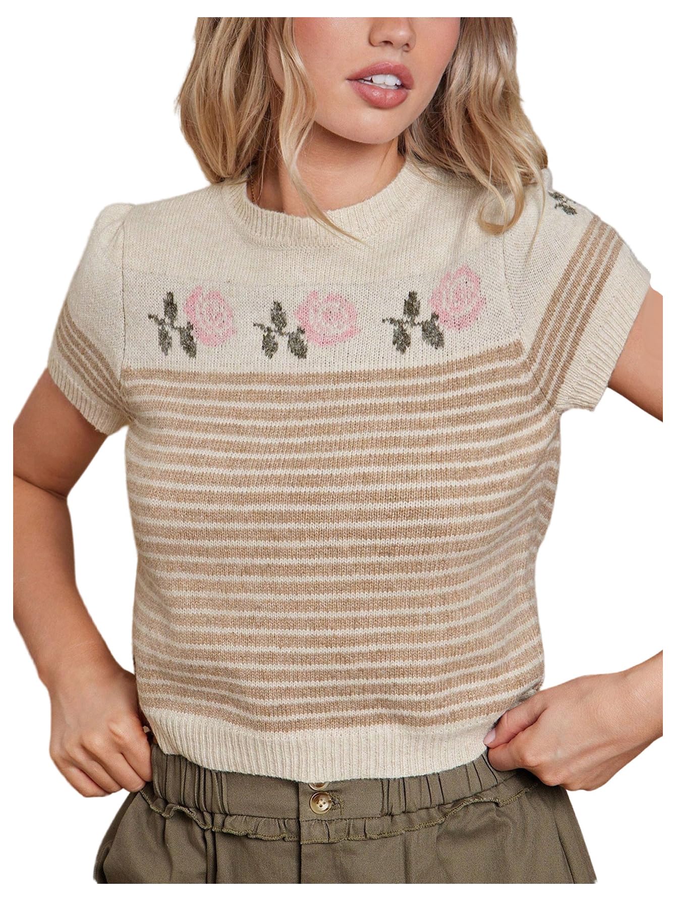SHENHE Womens Short Sleeve Sweater Floral Print Striped Crew Neck Lightweight Knit Pullover