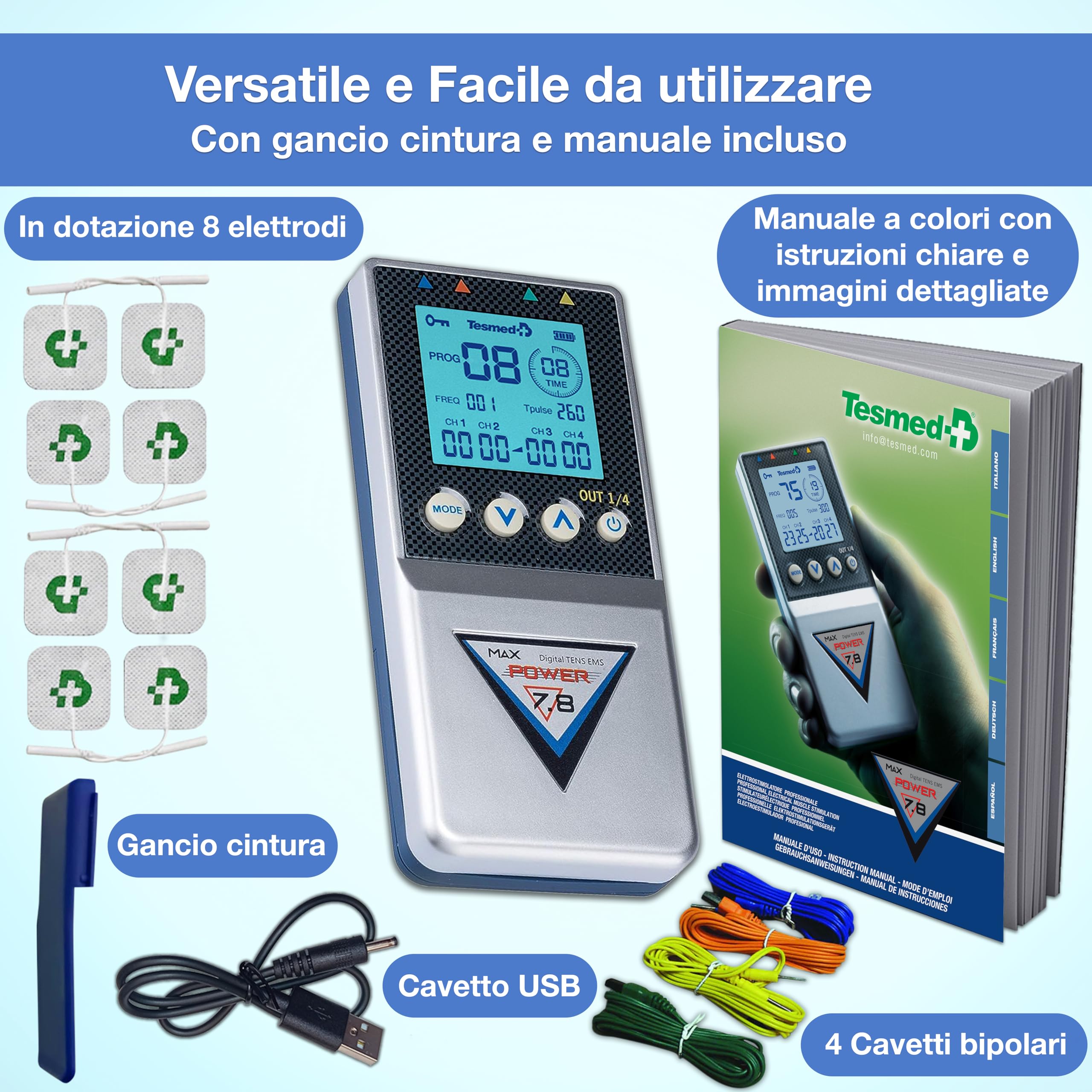 TESMED elettrostimolatore Muscolare Max 7.8 Power con 8 elettrodi- 125 tipologie di trattamenti: Addominali, potenziamento, Aumento Muscolare, estetica, Massaggi Benessere