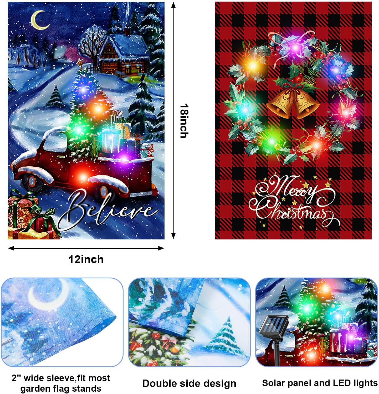 2 Pcs Lighted Christmas Garden Flag for Outside Winter Yard Flag LED Seasonal Garden Flags 12x18 Inch Double Sided Buffalo Plaid Wreath Tree Flags for Outdoor Yard Porch Lawn Patio Decoration - Image 3
