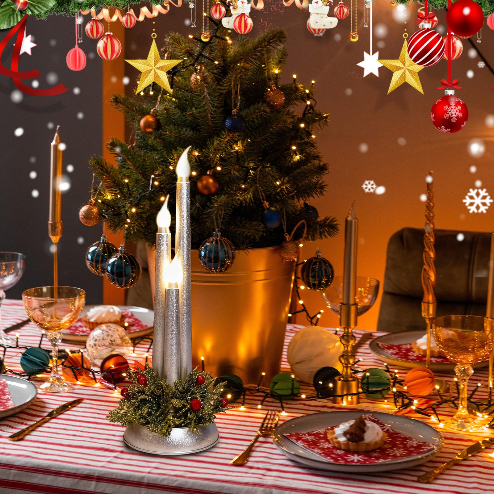 Candele natalizie a LED senza fiamma, 3 in 1, senza fiamma, corte, decorate con foglie di agrifoglio finte e bacche invernali, funzionamento a batteria, per centrotavola natalizio e decorazioni