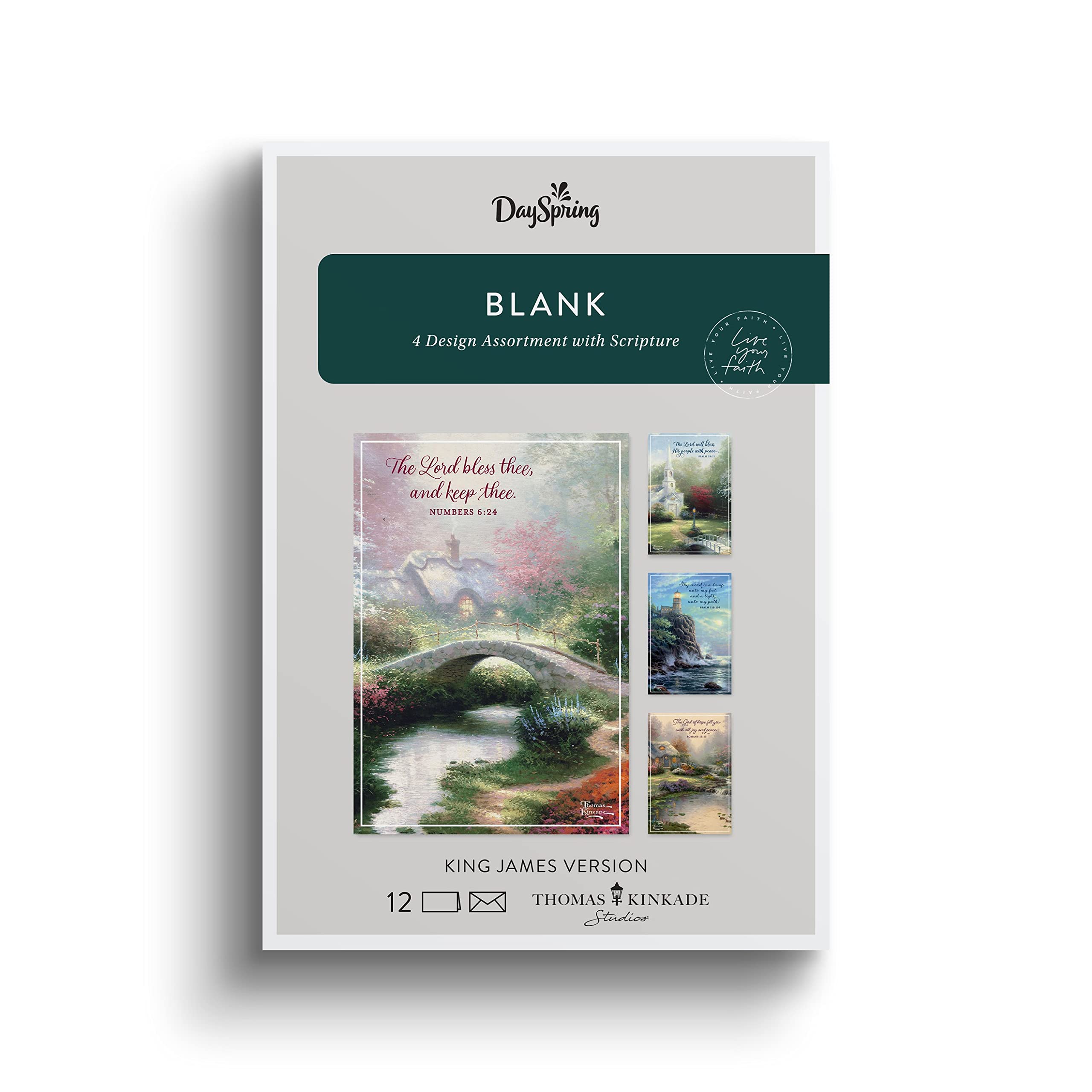 Blank Thomas Kinkade Greeting Cards - 4 Design Assortment with Scripture - King James Version - 12 Boxed Cards & Envelopes (U1205)