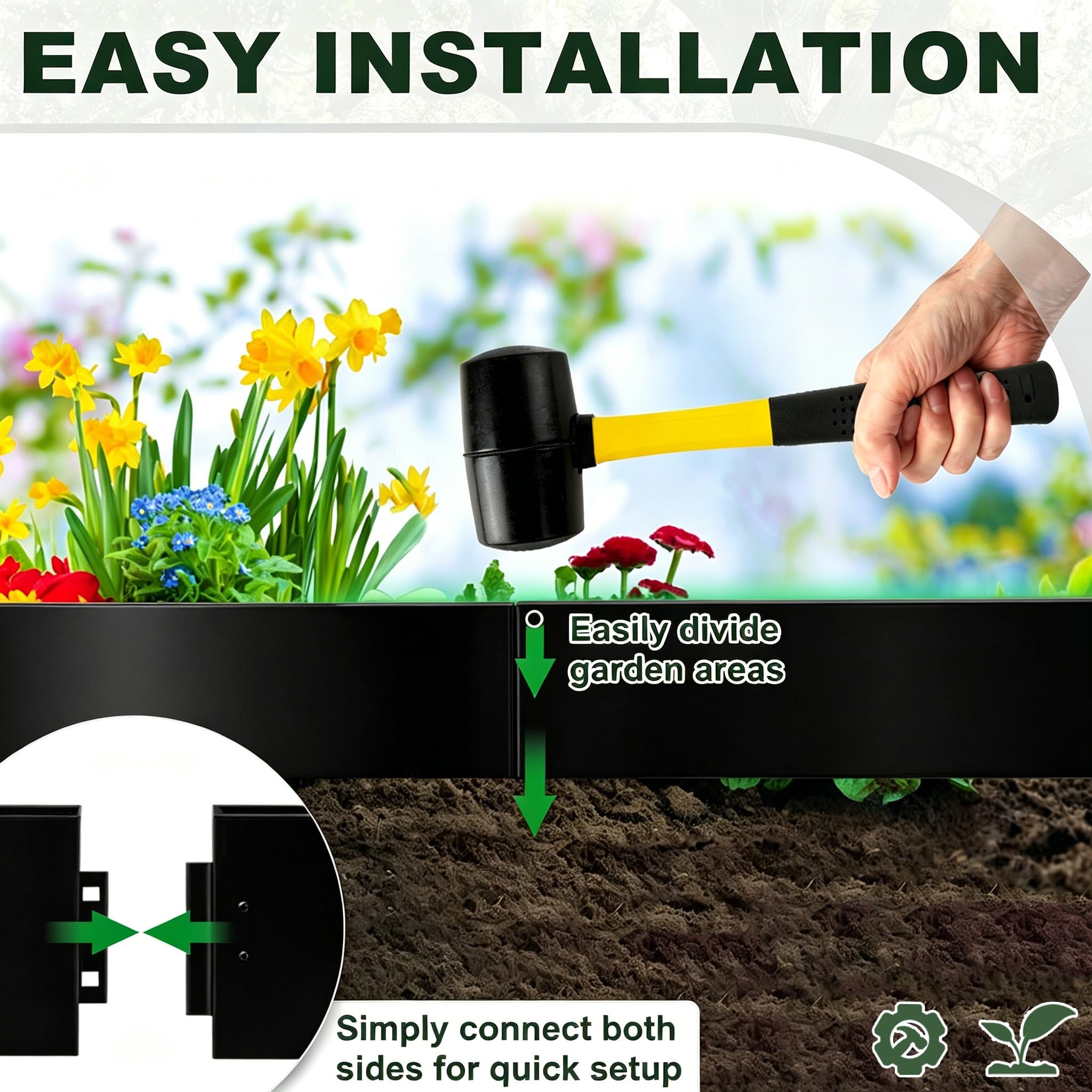 Schwarz Rasenkanten 15cm Hoch Verzinkt Stahl Beeteinfassung Garten Beetumrandung 40 Stück 100cm Mähkante Metall Wurzelsperre Palisaden Stecksystem Rasenkantenband für Wege, Rasenflächen (40m)