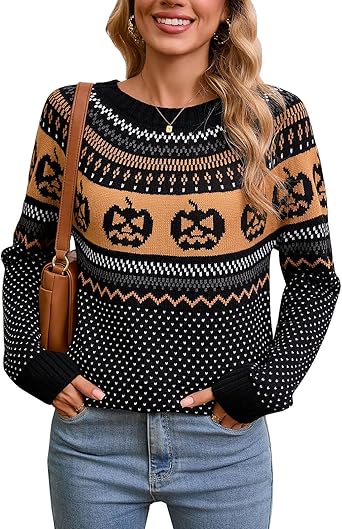 Women's Vintage Fair Isle Pullover Sweater Casual Fit Dressy Crewneck Long Sleeve Lightweight Knit Tops