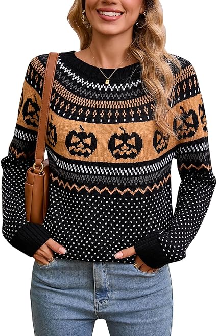 Women's Vintage Fair Isle Pullover Sweater Casual Fit Dressy Crewneck Long Sleeve Lightweight Knit Tops
