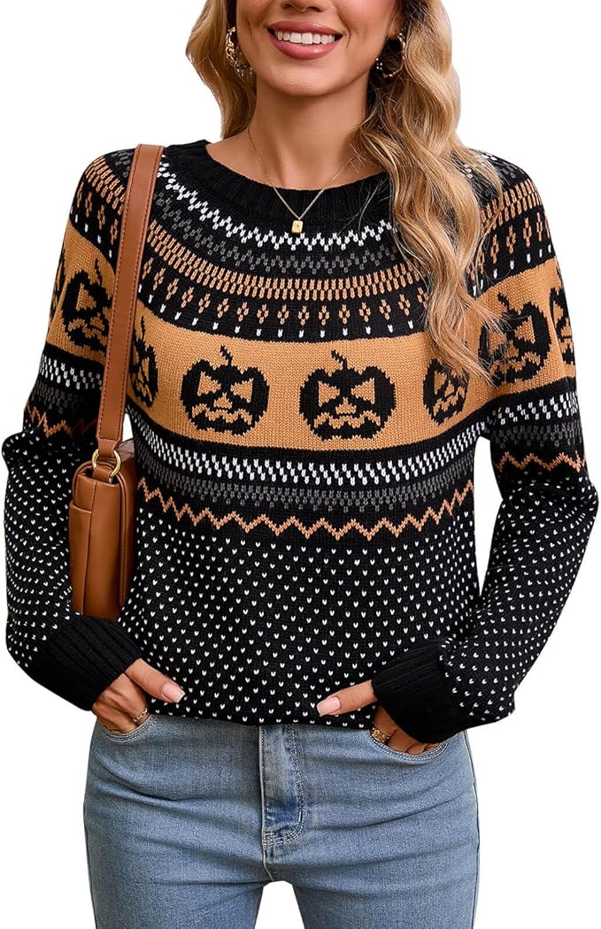 Women's Vintage Fair Isle Pullover Sweater Casual Fit Dressy Crewneck Long Sleeve Lightweight Knit Tops