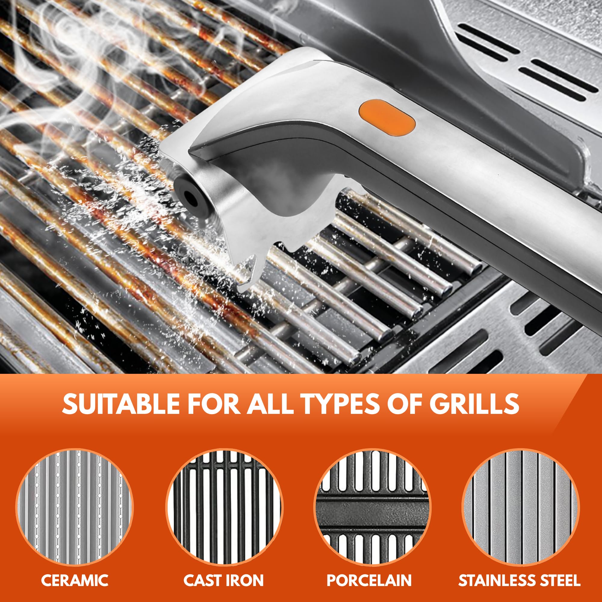 Brosse Électrique Rechargeable Pour Barbecue - Nettoyage 360°, 2 Têtes (Acier Inox + Éponge), IPX4, Résiste 200°C