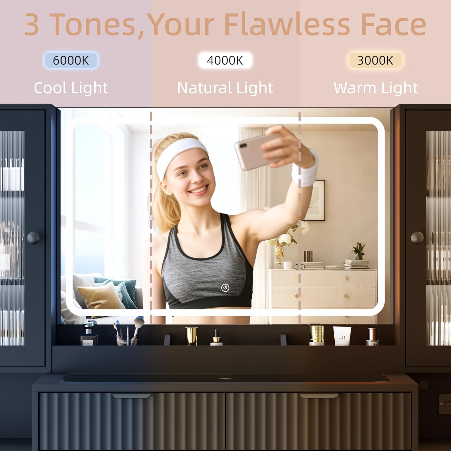 55" Vanity Desk with Mirror & Lights, Fluted Makeup Vanity with 8 Drawers & 4 Cabinets, Tempered Glass Top, RGB Cabinet Lighting, 3-Color Dimmable Mirror, and Charging Station (Matte Black)