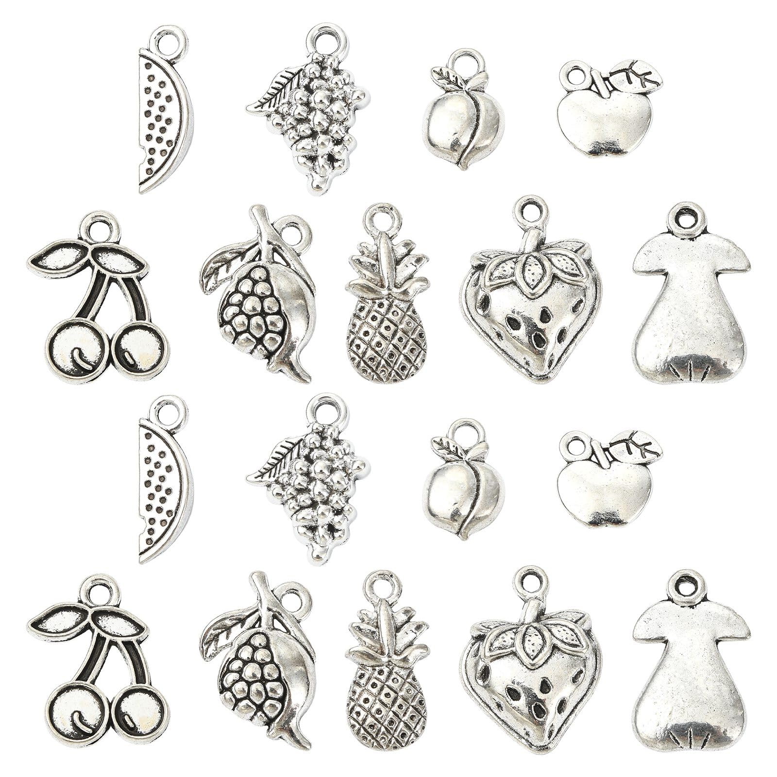 Stiesy 90Pcs 9 Styles Tibetan Style Alloy Fruit Charms Antique Silver Food Cherry Grape Pineapple Charms for Bracelets Necklaces Jewelry Making DIY Crafts
