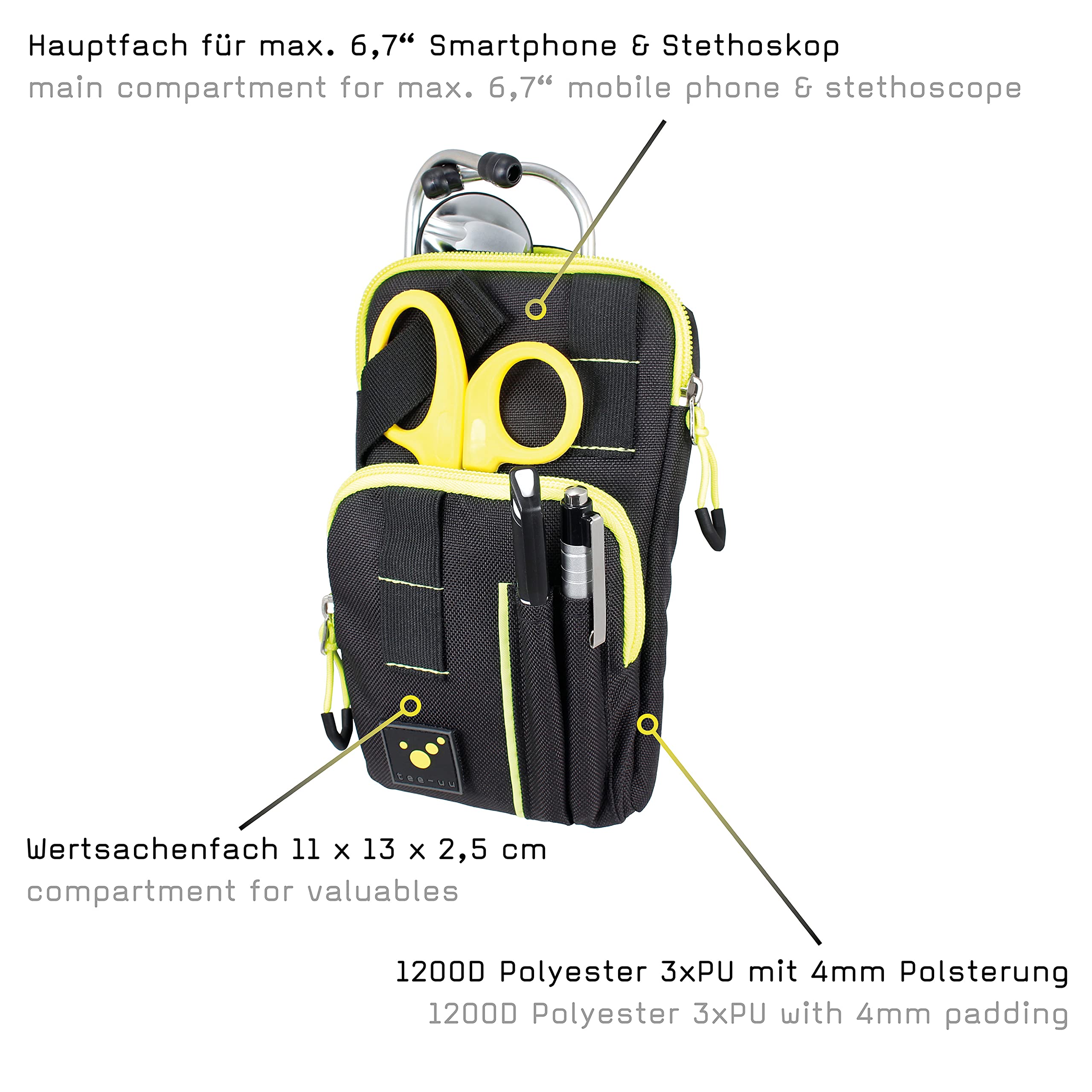 tee-uu Zip Plus Fondina nera | Custodia all-in-one | Servizio o uso domestico | Diverse possibilità di utilizzo | Servizio di soccorso | Vacanze | Scomparto per forbici | Spazio per stetoscopio