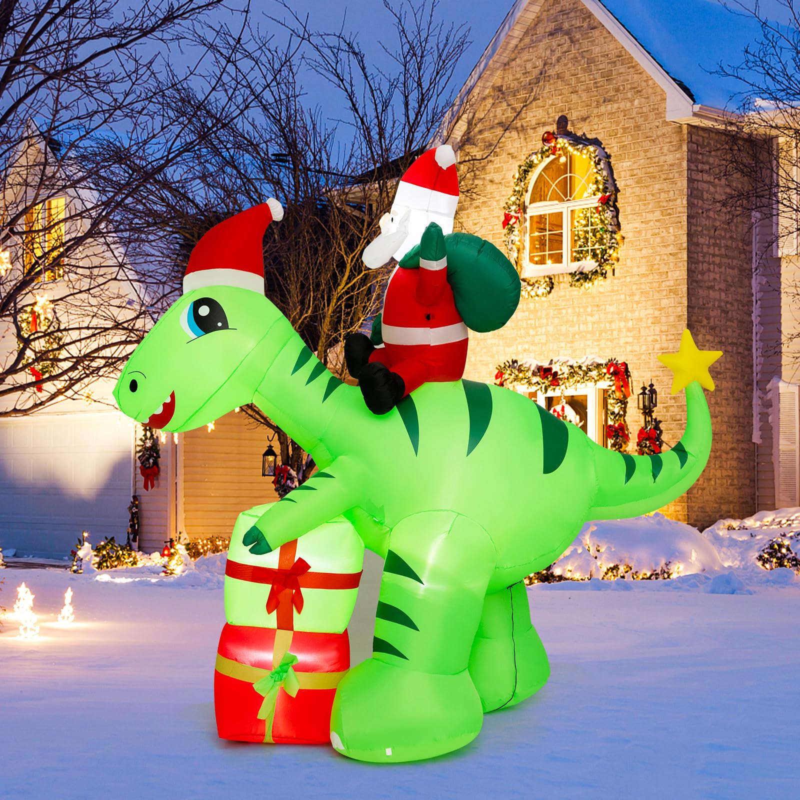Tangkula 8 FT Lighted Christmas Inflatable Santa Claus Dinosaur Decoration with Gift Boxes, Built-in LED Lights, Sandbags, Stakes, Indoor Outdoor Blow-up Holiday Yard Lawn Garden Xmas Decoration