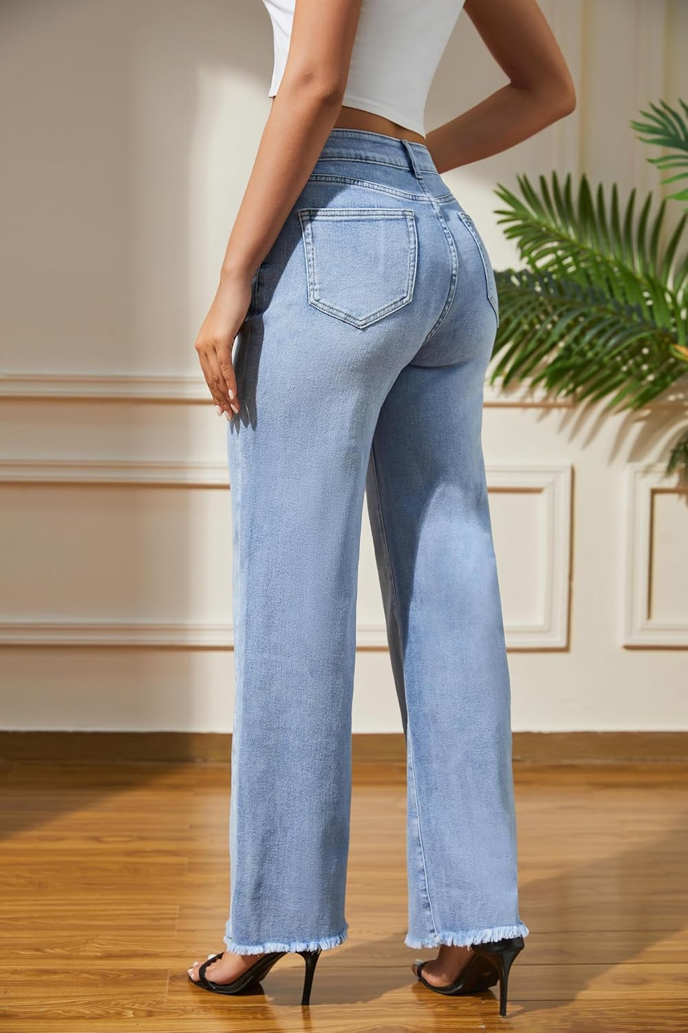 Guaile Women’s Wide Leg Jeans High Waisted Strechy Jeans for Women Straight Raw Hem Loose Casual Denim