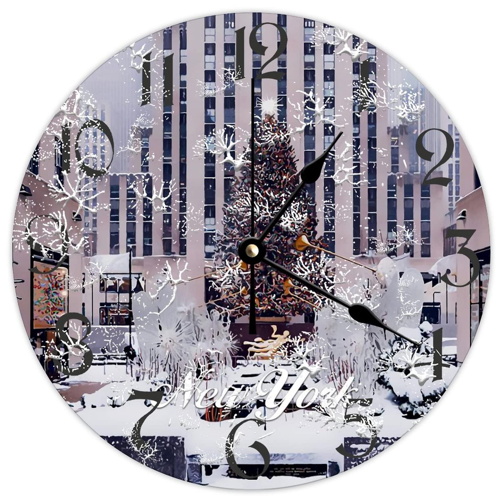 Horloge murale ronde en bois New York City style vintage 38 cm