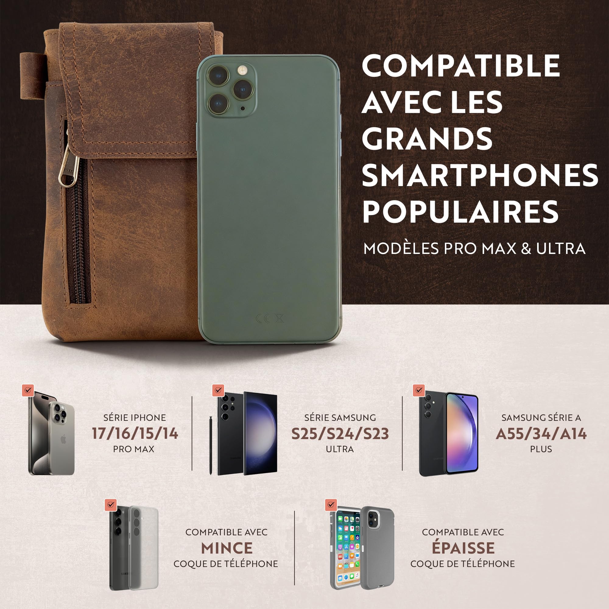 Moonster - Pochette Ceinture Téléphone Portable - Étui Téléphone en Cuir de Buffle Pleine Fleur Véritable – 18 x 9 cm - pour Smartphones de Grande Taille - Fixation Solide et Durable