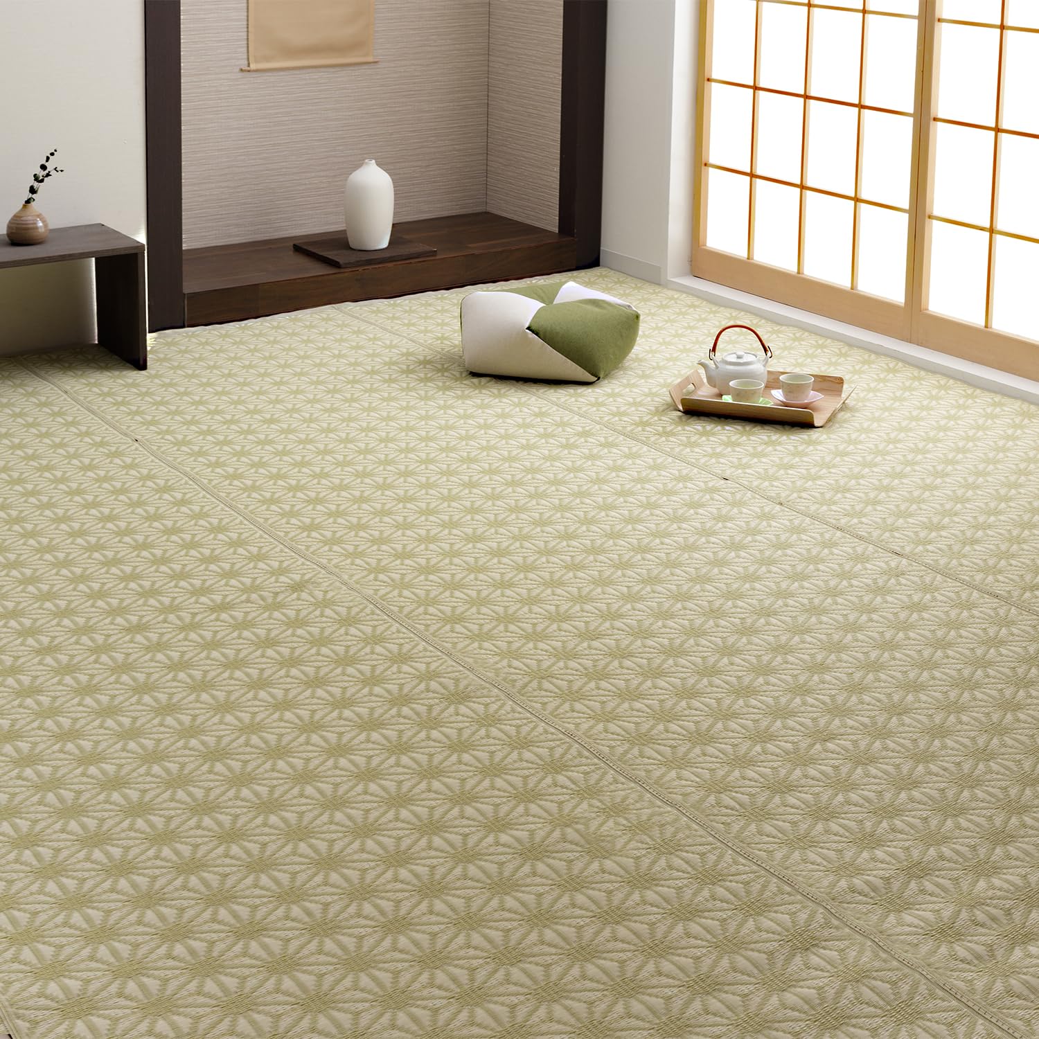Ikehiko Rug Carpet, Japanese Made, Polypropylene Carpet,麻の葉 (麻 Leaf) Design, Edo 3 Tatami Green, Washable, Tatami Overlay, Goza, PP Rug, Igusa Style, Stylish Rug Mat, Floor Mat, Pet Friendly for Dogs 