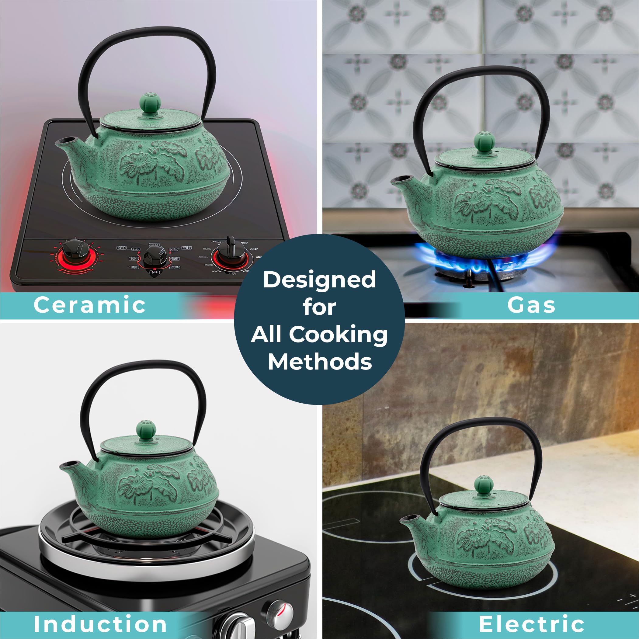 Zen Minded Teiera tradizionale giapponese Tetsubin in ghisa con filtro a rete in acciaio inox per tè verde e nero, caffè e infusi, 900 ml, motivo loto, verde smeraldo