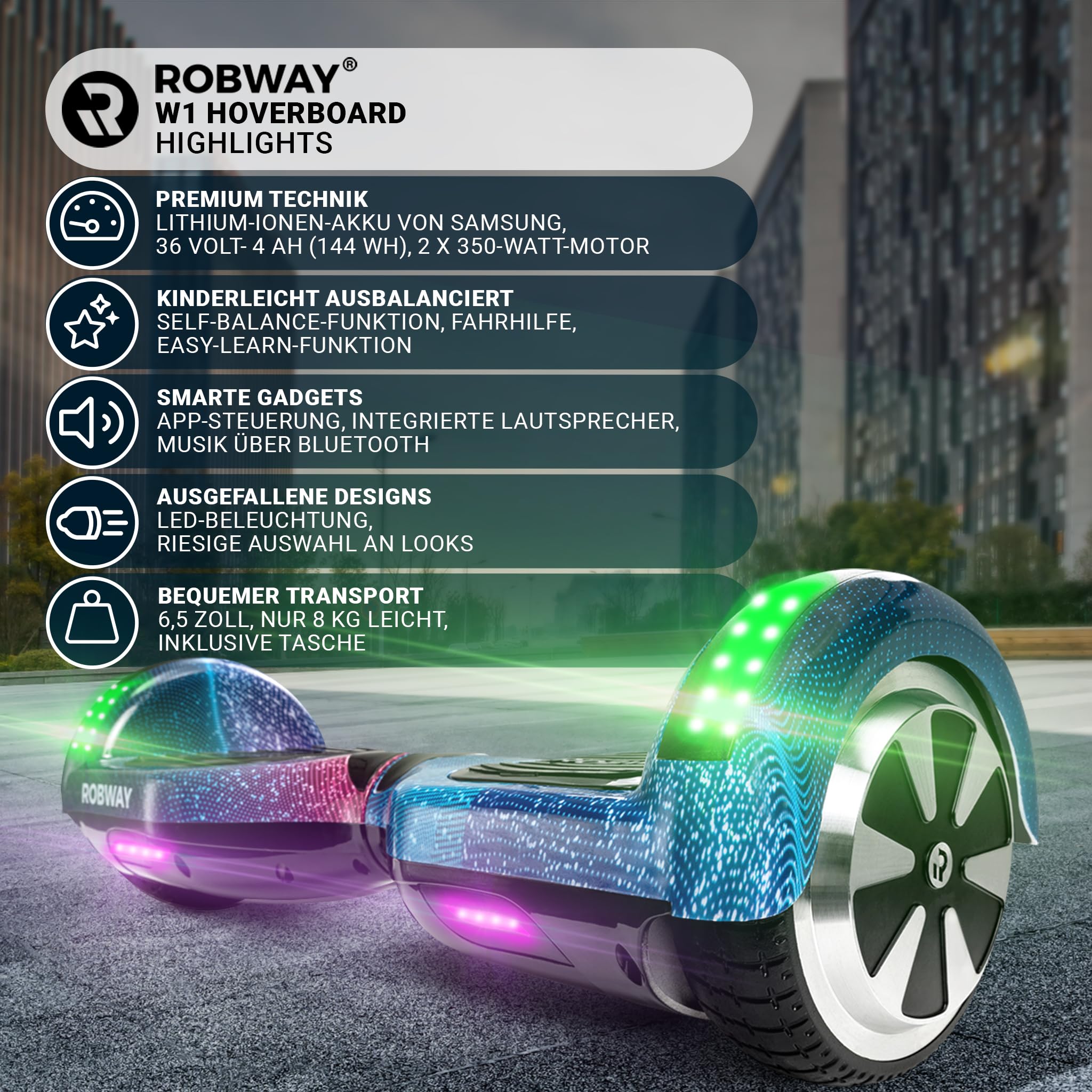 Robway W1 Hoverboard | 𝐃𝐀𝐒 𝐎𝐑𝐈𝐆𝐈𝐍𝐀𝐋 ® Hoverboards für Kinder Jugendliche & Erwachsene - APP Steuerung - 𝟮 x 𝟯𝟓𝟬 Watt Motoren - Self-Balance Funktion - Bluetooth