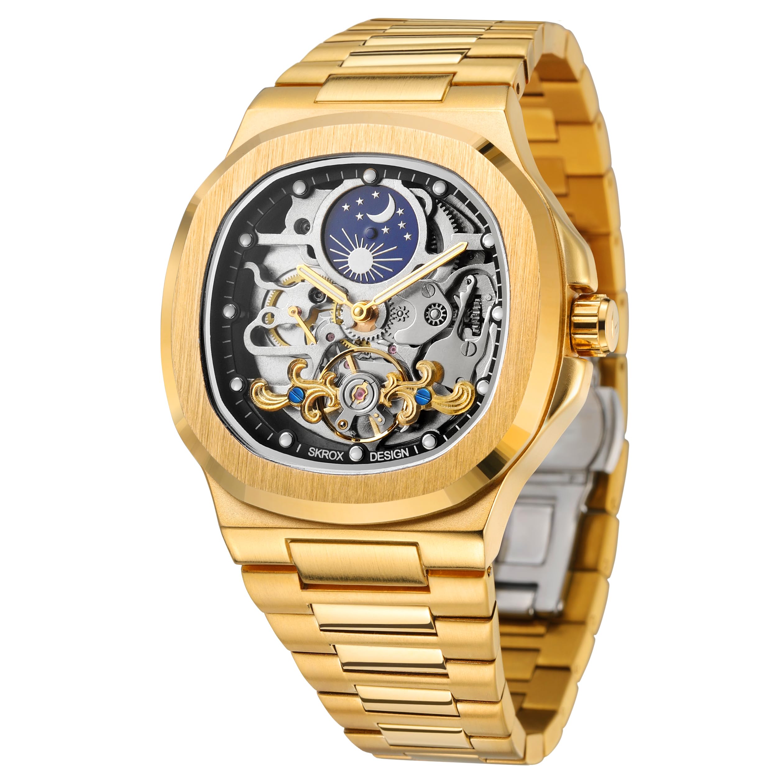 FORSINING Reloj analógico de esqueleto automático de lujo para hombre con correa de acero inoxidable
