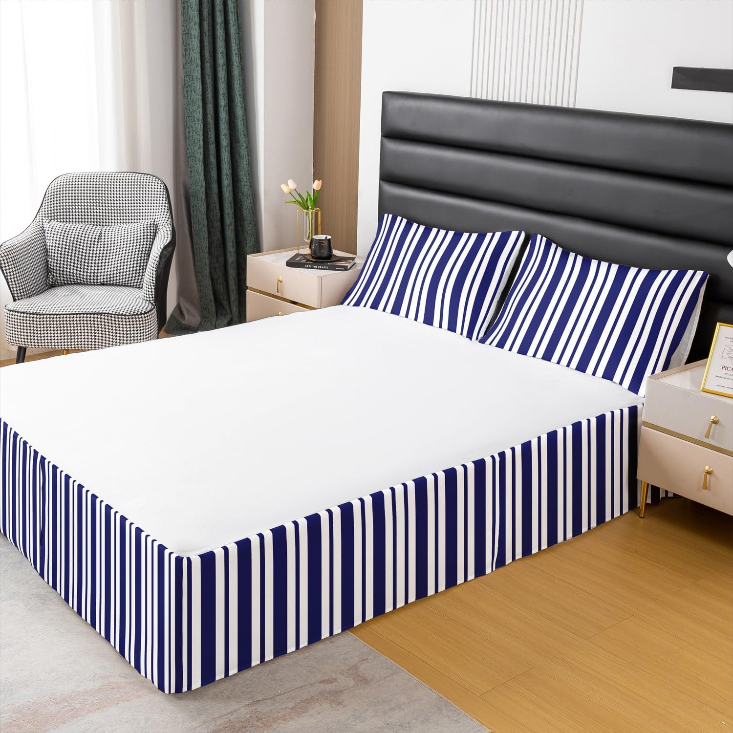 Blue White Stripe Bed Skirt Queen Size,Geometric Bedskirt Dust Ruffle 15 Inch for Kids Boys Girls Modern Fitted Sheet,Chic Wrap Around Microfiber Luxury Bed Skirts for Bedroom Decor