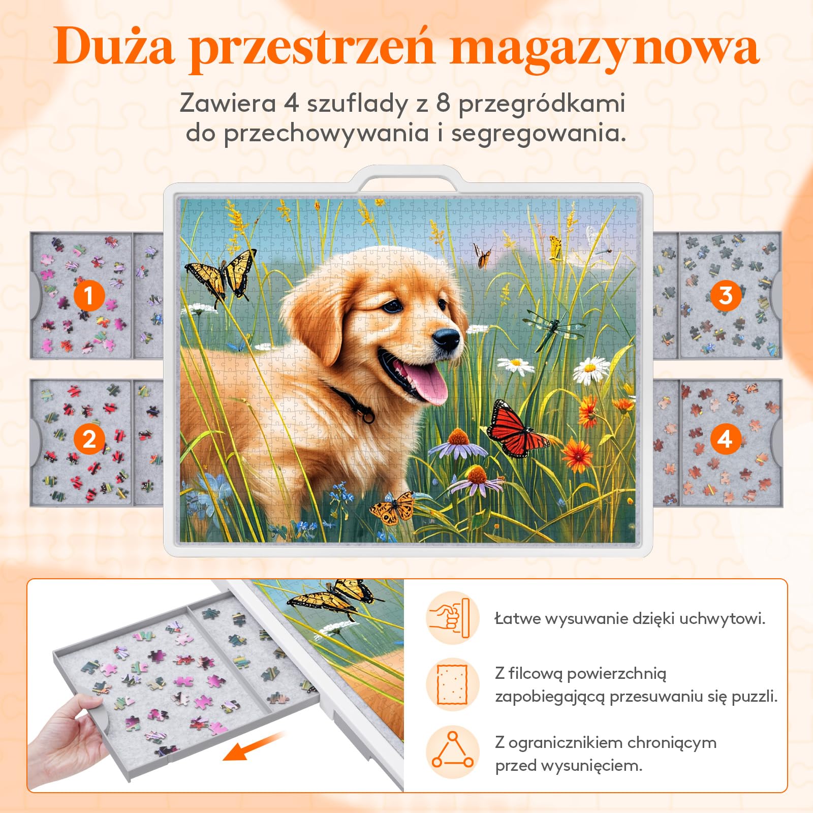 Lifewit 1500 ruchomych puzzli z 4 szufladami / pokrywa, 88,9 x 68,5 cm, deska do puzzli z uchylnymi uchwytami, filcowe półki, stół puzzle z regulacją wysokości, z kółkami blokującymi, biały