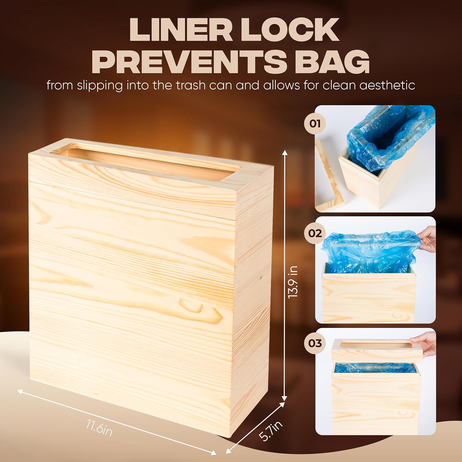 2.3 Gallons Rectangular Wooden Trash Can | Trash Can with Bin Liners | Decorative Waste Basket | Recycling Bin for Bathroom | Natural Wood Finish Basket for Kitchen | Paper Basket for Office
