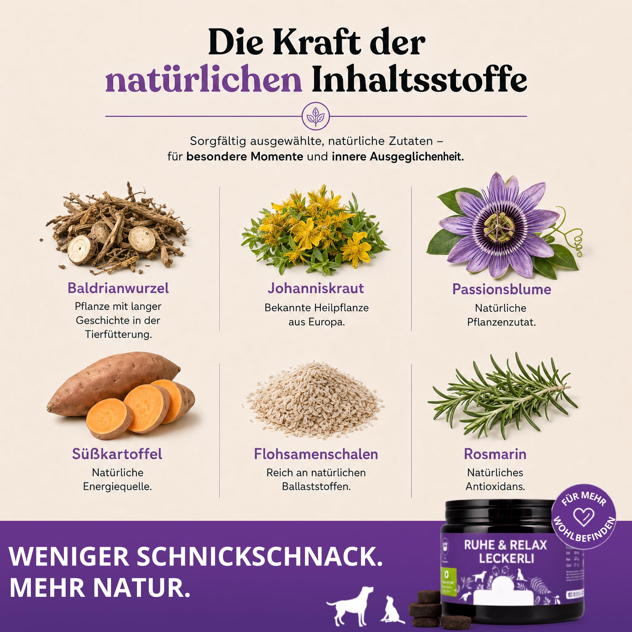 Beruhigungs-Snacks für Hunde – 125 Anti-Stress Leckerli zur Entspannung – Mit Baldrian, Johanniskraut & L-Tryptophan – Hilfe bei Angst, Silvester & Autofahrt – Innere Ruhe